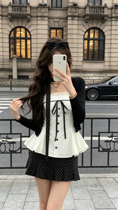 韩女三件套针织开衫外套花边蝴蝶结吊带上衣波点短裙套  服裝批發女裝批發服飾貨源