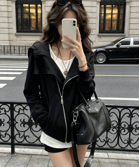 yolo shop 검정색 후드 티 스웨터 여성 몸매 가꾸기 다용도 디자인 센스 폴로 칼라 아메리칸 카디건 코트 맨위