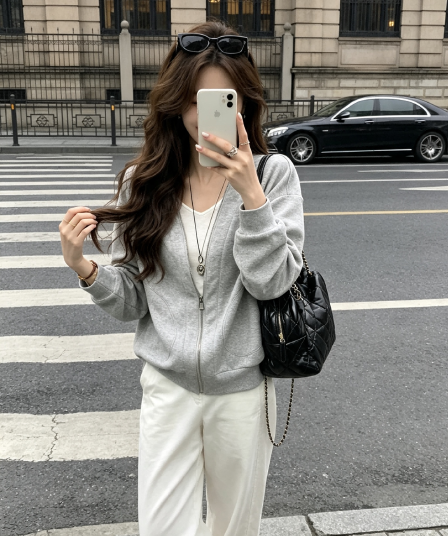 검은 콩 흠 캐주얼 해체 V넥 지퍼 회색 후드티 재킷 가을 루즈핏 느긋한 바람 다용도 맨위
