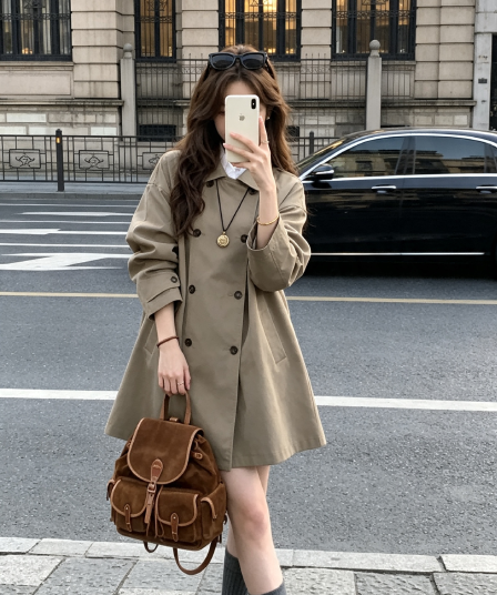 rainy 한 부서 디자인 센스 중간 길이 베이비 칼라 바람막이 봄 가을 여성 루즈핏 이중 버튼 새로운 망토 재킷