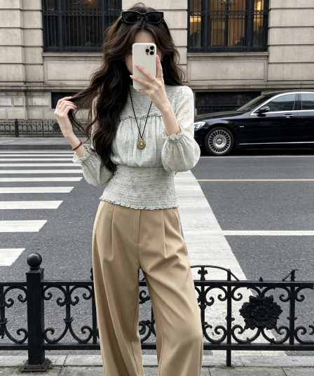 찬양하다 다우 yuzhi 출퇴근 미니멀리즘 다용도 가을 녹색 라운드 넥 쉬폰 허리 수축 슬림해 보이는 자외선 차단 긴팔 맨위 여성