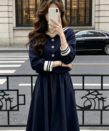 복숭아 수 있습니다. 위로 항해 가을의 날 소녀 학원 스타일 해군 칼라 쇼트 스타일 작은 바람 의류 여성 코트 가을 반신 치마 세트
