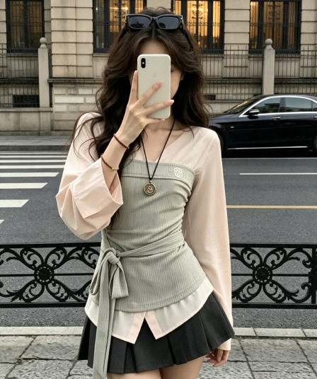 popwest 丨 패치워크 페이크 레이어드 셔츠 작은 대중 배색 셔츠 허리 수축 긴팔 맨위 와이드 레그 팬츠 세트 여성
