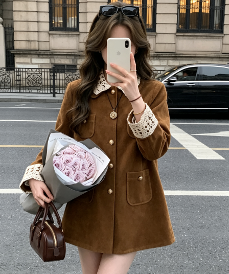 양 작은 볼륨 miu 부서 레트로 폴로 칼라 중간 길이 스웨이드 벨벳 재킷 워크웨어 바람막이 여성 아름다움 라드. 착용 가져 가라.