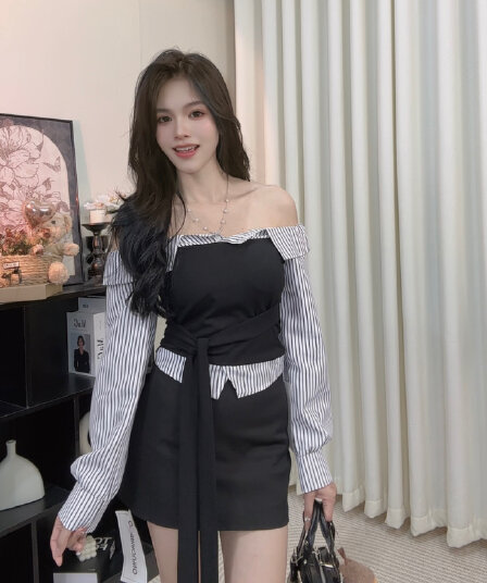 회화 솔루션 wahju 새 미스 이른 가을 배색 패치워크 스트라이프 디자인 오프숄더 슬림해 보이는 맨위 반 스커트 세트