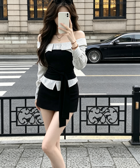 회화 솔루션 wahju 새 미스 이른 가을 배색 패치워크 스트라이프 디자인 오프숄더 슬림해 보이는 맨위 반 스커트 세트