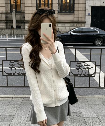callmeear 후드 꽈배기 모직물 오픈 가디건 오픈 가디건 여성 조기 가을 루즈핏 지퍼 스웨터 코트
