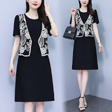 批发时尚洋气减龄<b class='q'>假两件</b>刺绣外搭短袖<b class='q'>连衣裙</b>女夏季遮肉显瘦A字裙