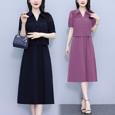 批发<b class='q'>假两件</b>时尚洋气短袖镂空<b class='q'>连衣裙</b>女2026夏季新款宽松显瘦中长款裙子