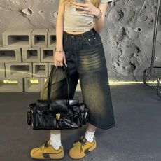 批发大码胖mm宽松怀旧复古阔腿牛仔裤女装高腰直筒春秋夏通勤七分裤子