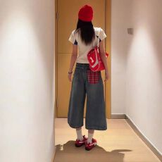 批发七分牛仔短裤女新款拼接格子复古宽松美式阔腿高腰显瘦直筒中裤子