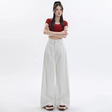 批发辣妹美式<b class='q'>高腰</b>简约通勤款宽松阔腿白色牛仔裤女2025垂感显瘦拖地裤