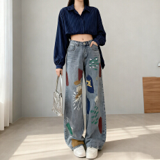 批发<b class='q'>韩国</b>东大门2025夏季新款设计感创意彩绘图案破洞百搭阔腿<b class='q'>牛仔裤</b>女