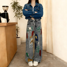 批发<b class='q'>韩国</b>东大门2025夏季新款设计感创意彩绘图案破洞百搭阔腿<b class='q'>牛仔裤</b>女
