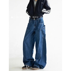 深蓝色牛仔裤女秋冬新款阔腿裤子宽松舒适美式复古大口袋弯刀裤子