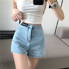 批发薄款ins风弹力短裤女a字包臀打底<b class='q'>紧身</b>直筒贴标黑色高腰牛仔热裤子