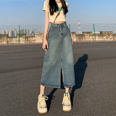 批发小个子开叉设计牛仔<b class='q'>半身裙</b>女夏季新款时尚百搭高腰显瘦a字中长裙