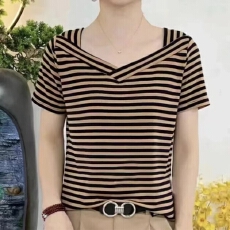 批发清爽螺纹布条纹短袖T恤春夏新款M时尚百搭<b class='q'>妈妈</b>装气质休闲