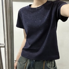 批发726# 220<b class='q'>克</b>40支1*1罗纹棉 后包领 圆领满天<b class='q'>星</b>亮闪闪正肩短袖t恤女