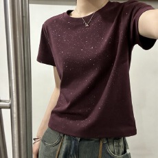 批发726# 220<b class='q'>克</b>40支1*1罗纹棉 后包领 圆领满天<b class='q'>星</b>亮闪闪正肩短袖t恤女