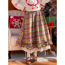 批发实拍 实价<b class='q'>复古</b>节日感彩色格子百褶裙半身裙女秋冬可爱a字中<b class='q'>长裙</b>