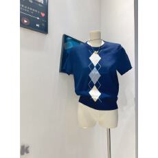 批发<b class='q'>正品</b>哥家新款2026夏季复古撞色菱格短袖针织衫时尚潮流显瘦上衣女