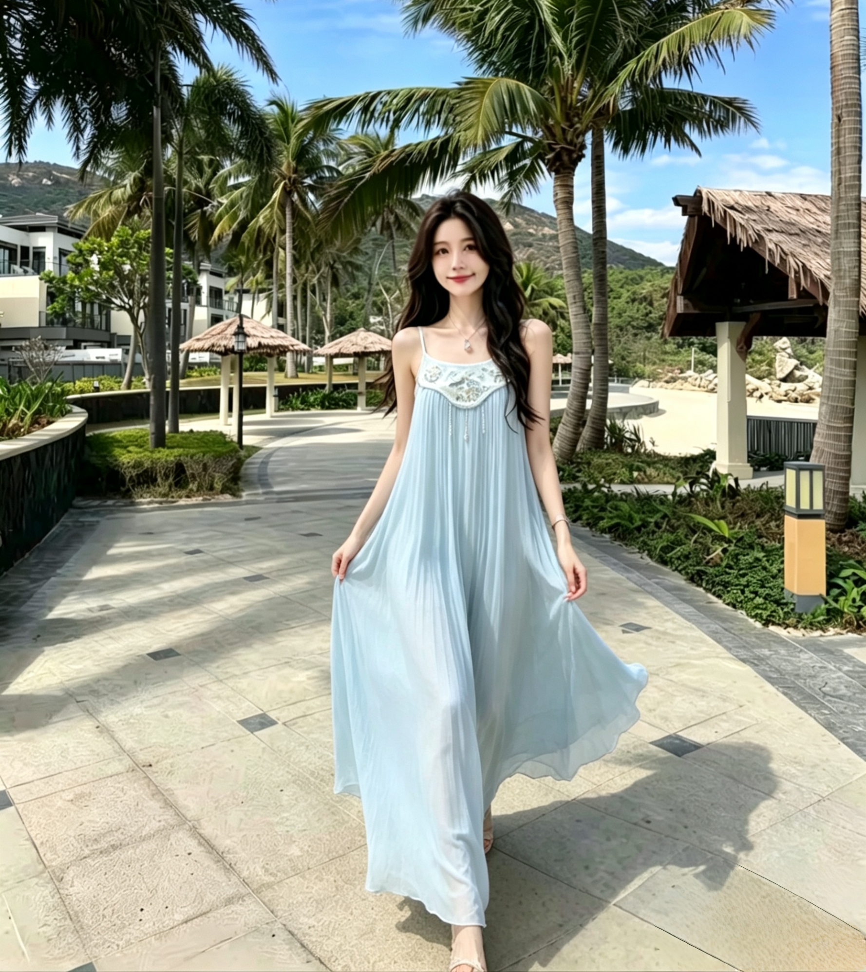 구름 드레스 서식지 서식지 새로운 중식 자수 슬립 드레스 여성 봄 여름 허리 수축 슬림해 보이는 작은 키 드레스