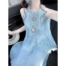 批发蓝雾谣 桑蚕丝假两件挂脖<b class='q'>连衣裙</b>女夏小个子度假风长裙