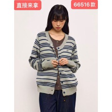 批发假两件<b class='q'>条纹</b>针织开衫女韩系早秋穿搭慵懒软糯毛衣外套宽松休闲上衣