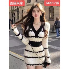 批发韩国小香风V领撞色<b class='q'>条纹</b>针织连衣裙女秋冬高级感轻奢OL内搭打底裙