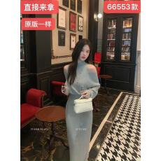 批发理想欧尼 气质收腰针织连衣裙女春秋设计感露肩<b class='q'>假两件</b>长裙