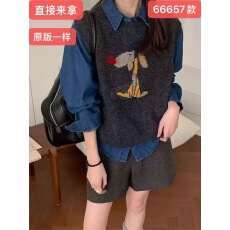 批发韩系气质卡通狗针织衫马甲女欧货套头减龄软糯背心<b class='q'>衬衫</b>上衣两件套