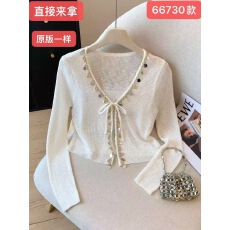 批发法式复古亮片拼接防晒针织开<b class='q'>衫</b>夏季甜美系带微透薄款小上衣