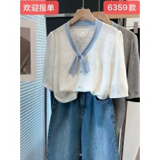 批发蕾丝v领针织衫女2026夏装新款宽松内搭上衣外穿薄洋气短袖t恤衫潮