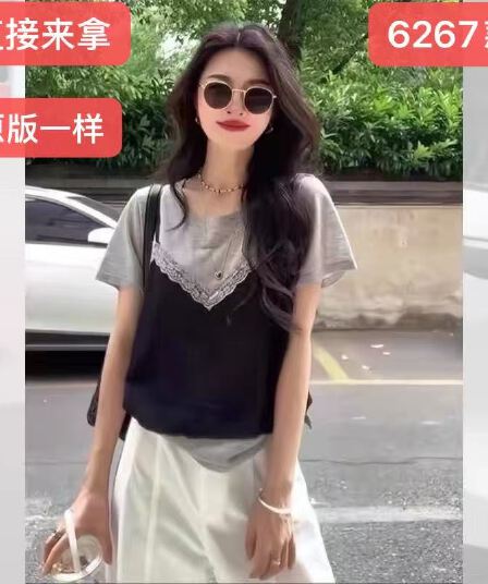 회색 얼음 실크 레이스 조각 페이크 레이어드 반팔 티셔츠 여성 여름 얇은 스타일 작은 키 긍정적 인 어깨 쇼트 스타일 맨위