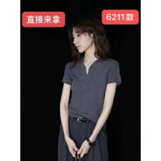 批发复古通勤风短袖T恤女夏修身V领设计感灰色套头夏季针织简约上衣服