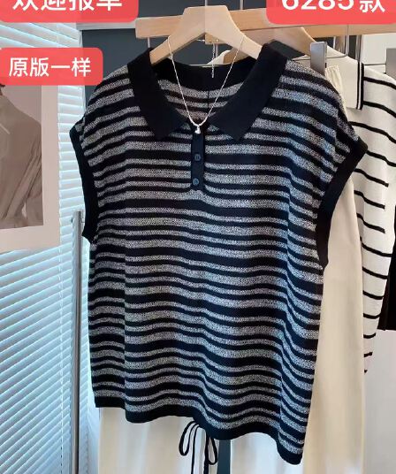 POLO 칼라 스트라이프 레이스업 니트 스웨터 여성 2026 여름 드레스 새로운 루즈핏 느긋한 바람 맨위 얇은 반팔 티셔츠 트렌디