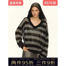 批发美式复古黑色高透条纹针织防晒罩衫女春季新款宽松上衣