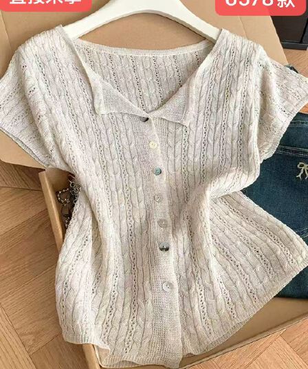 프랑스식 캐주얼 바람 홀로우 아웃 반팔 니트 오픈 가디건 여성 여름 한 부서 디자인 센스 다용도 얇은 스타일 니트 스웨터 맨위