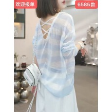 批发后背交叉条纹防晒衣长袖t恤女夏季薄款空调面料<b class='q'>罩衫</b>慵懒打底上衣