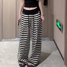 批发小个子条纹阔腿裤女夏季2025年新款高腰垂感松弛感直筒休闲遛弯裤
