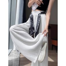 批发冰丝<b class='q'>亚麻</b>阔腿裤女夏季高级感丝巾飘带西装裤高腰垂坠感棉麻山本裤