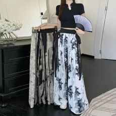 批发冰丝裤夏季新中式国风水墨印花阔腿裤女小个子扎染飘带休闲长裤子