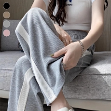 批发夏季薄款休闲白边阔腿裤150女高腰直筒窄版遮胯运动裤