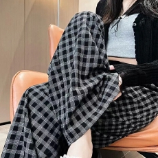 批发2026年女夏季薄款胖mm时尚遮肉垂感长裤<b class='q'>韩版</b>宽松显瘦格子裤阔腿裤