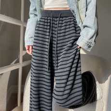 批发2025冰丝夏季新款<b class='q'>高腰</b>宽松慵懒显瘦松紧抽绳条纹休闲阔腿拖地裤女