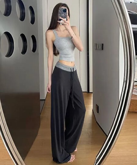회색 배색 허리 머리 패치워크 운동 캐주얼 바지 여성 2026 여름 새로운 하이웨이스트 도루 센스 루즈핏 바닥 청소 긴 바지