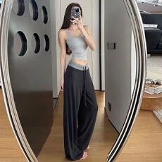批发灰色撞色腰头拼接运动休闲裤女2025夏季新款高腰垂感宽松拖地长裤