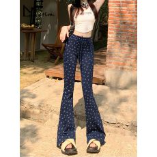 批发韩国小众设计蓝色笑脸喇叭裤女小个子运动休闲裤百搭显瘦显腿长裤