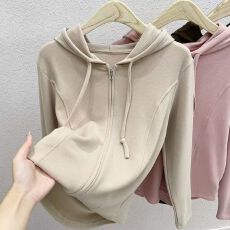 批发<b class='q'>大码</b>女装连帽卫衣纯色设计感小众鱼骨正肩显瘦外穿拉链开衫上衣服